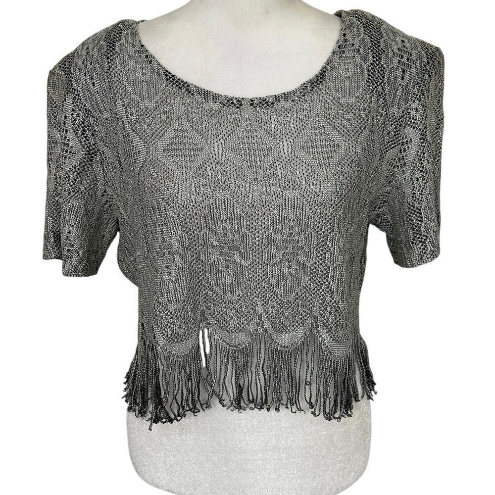 Vintage SharAde Silver Metallic Fringe Crop Top Made USA 8 90s Retro Festival